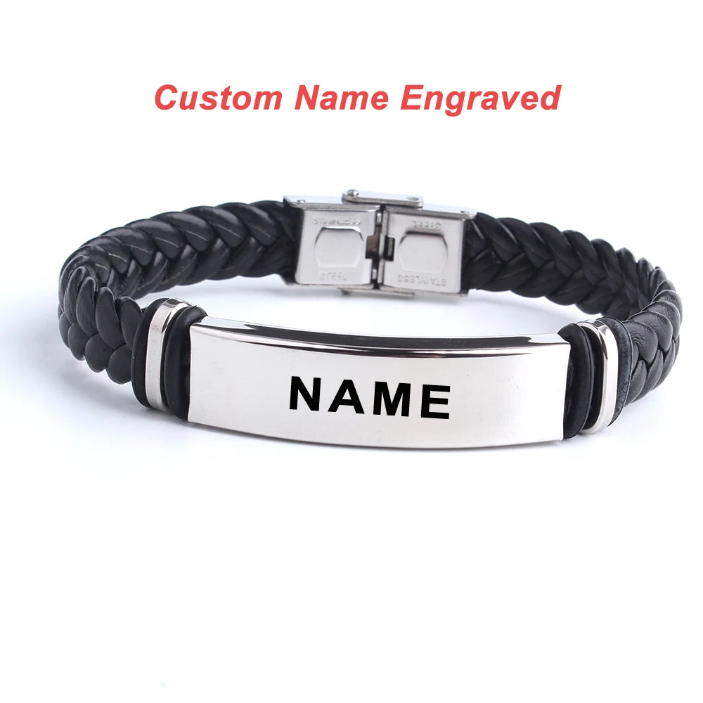 Punk SOS Custom logo Name Engrave Text Leather Bangle & Bracelet