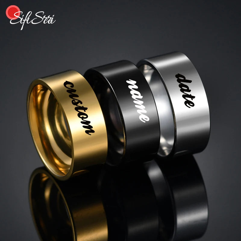 Sifisrri 8mm Personalized Stainless Steel Engraved Name Couple Rings