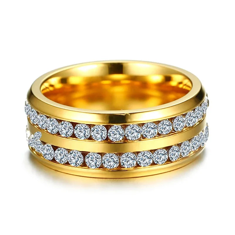 Trendy Gold Color Stainless Steel 2 Row Crystal Luxury Rings