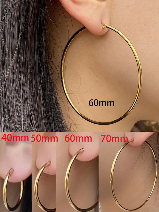 1Pairs/2Pcs 10 To 70mm Gold Color Big Round Stainless Steel Earrings