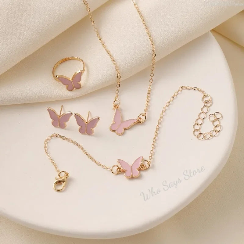 4pcs/Set Sweet Jewellery Set Butterfly Pendant