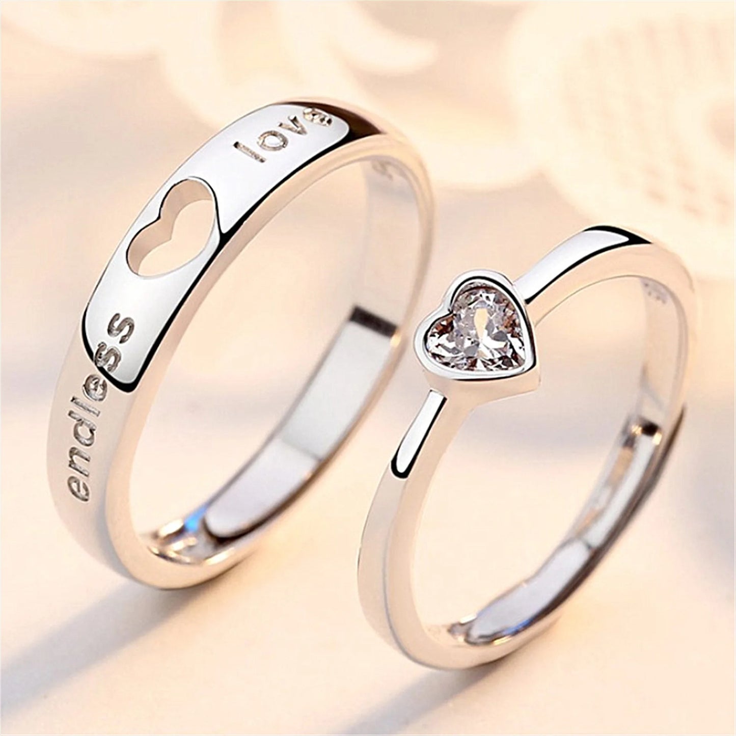 2Pcs/sets Zircon Heart Matching Couple Rings Set