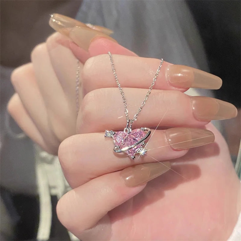 Y2K Pink Planet Heart Zircon Pendant Necklaces