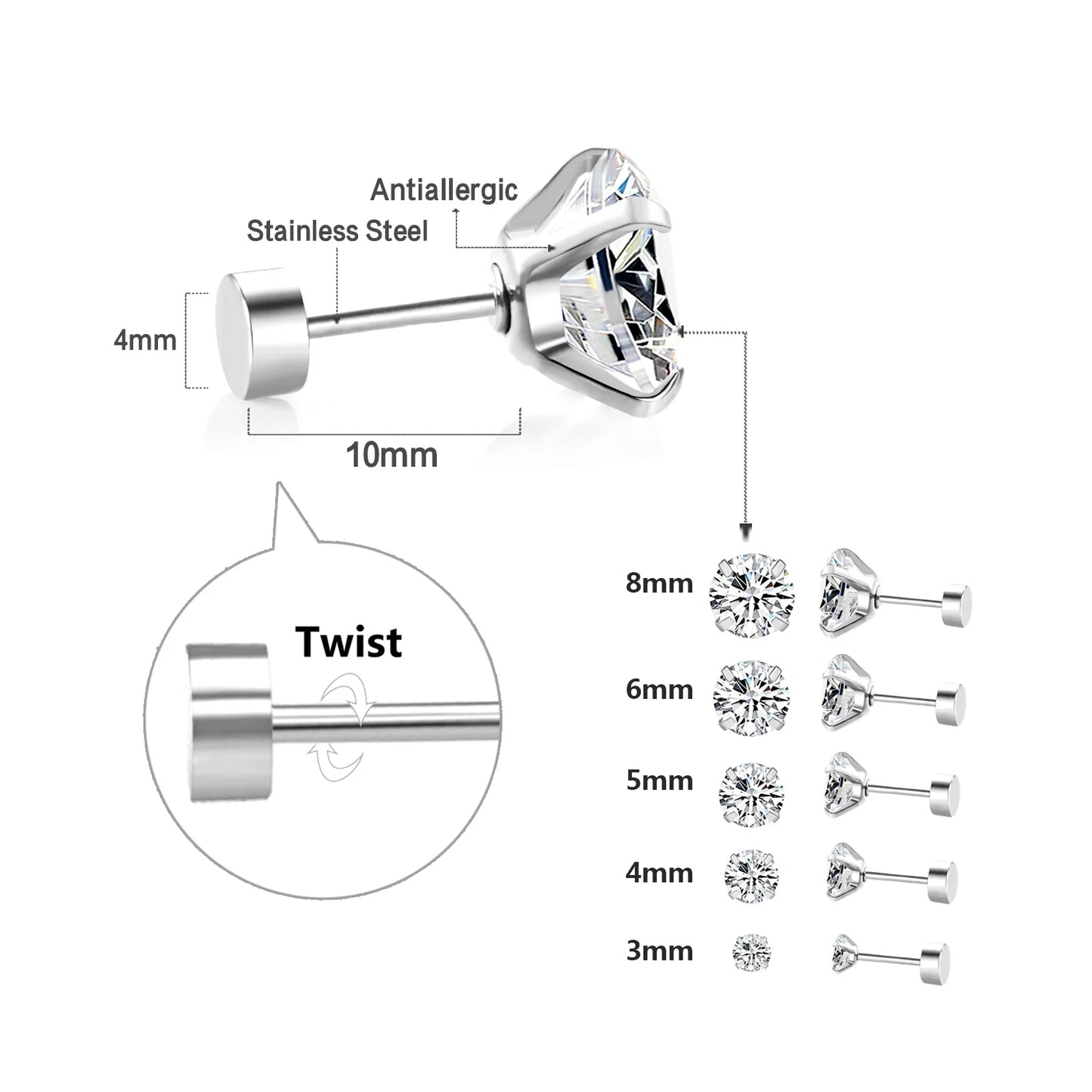 LUXUSTEEL 1Pairs/2Pcs Stainless Steel Crystal Studs Earrings