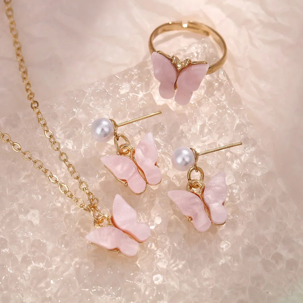 4pcs/Set Sweet Jewellery Set Butterfly Pendant