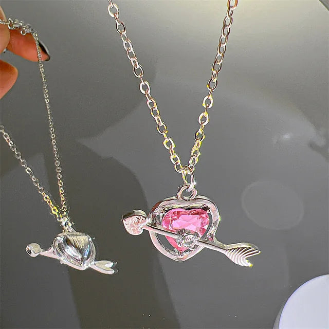 Y2K Pink Planet Heart Zircon Pendant Necklaces