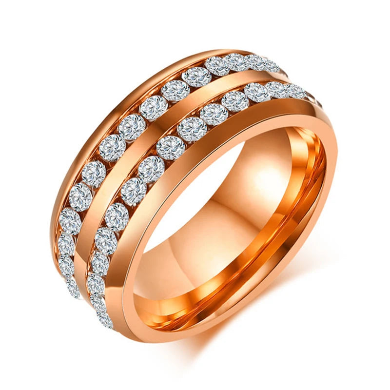 Trendy Gold Color Stainless Steel 2 Row Crystal Luxury Rings