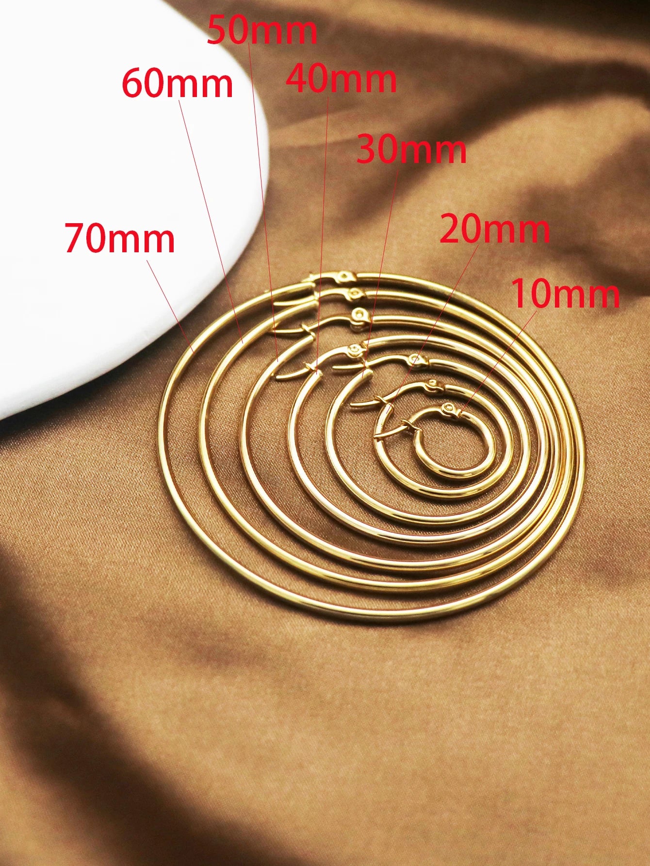 1Pairs/2Pcs 10 To 70mm Gold Color Big Round Stainless Steel Earrings