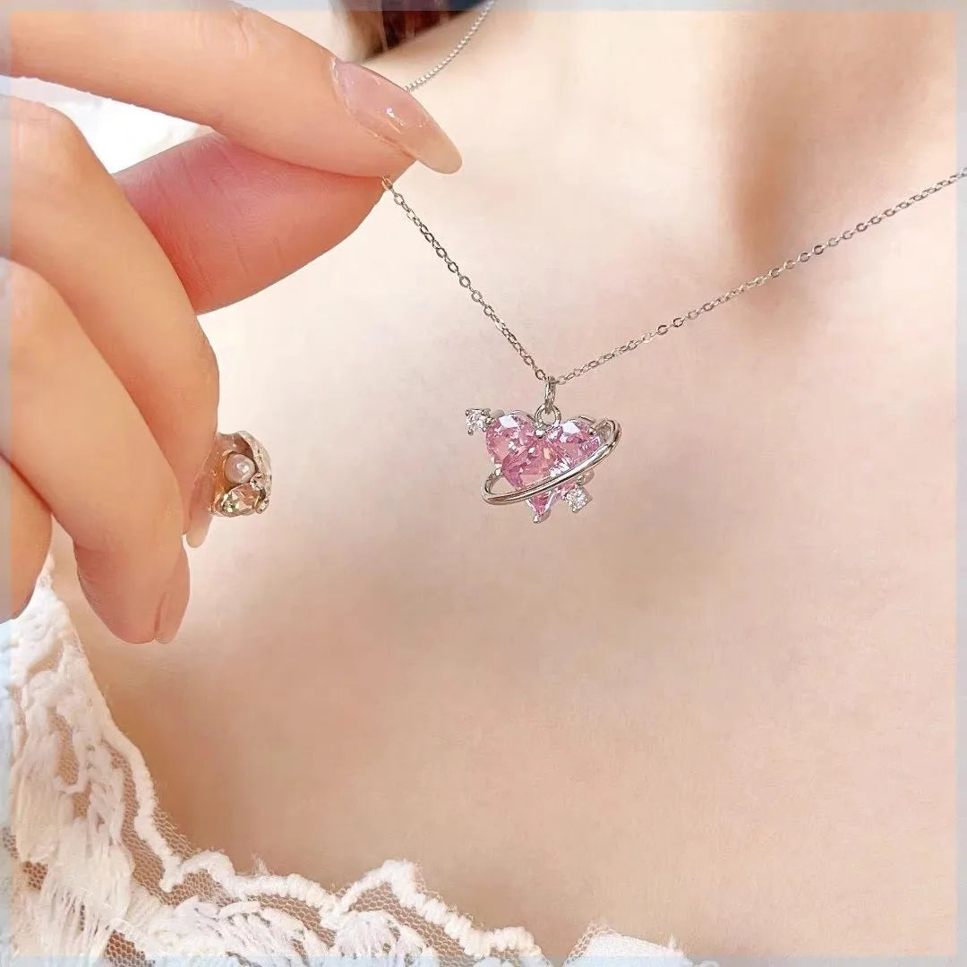 Y2K Pink Planet Heart Zircon Pendant Necklaces