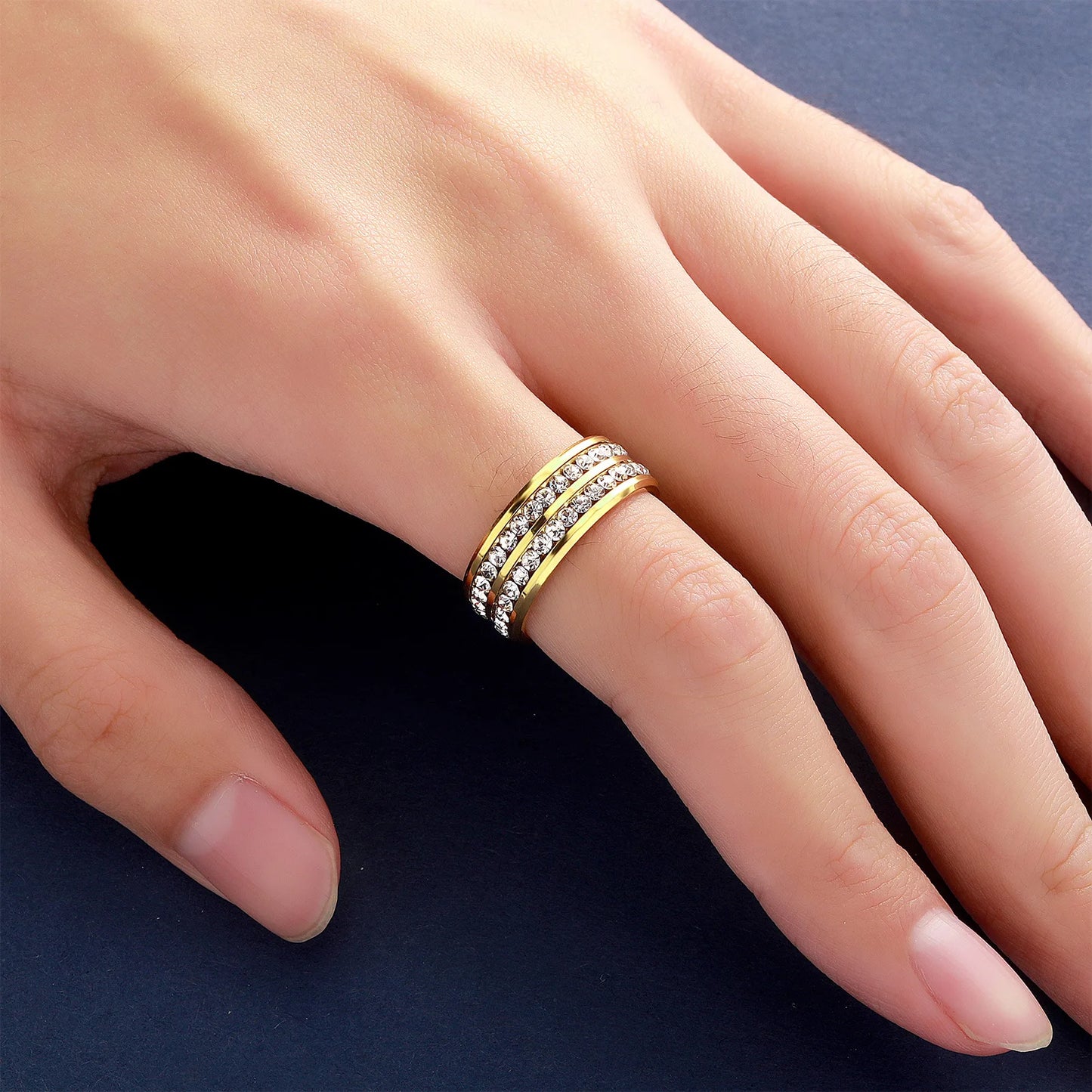 Trendy Gold Color Stainless Steel 2 Row Crystal Luxury Rings