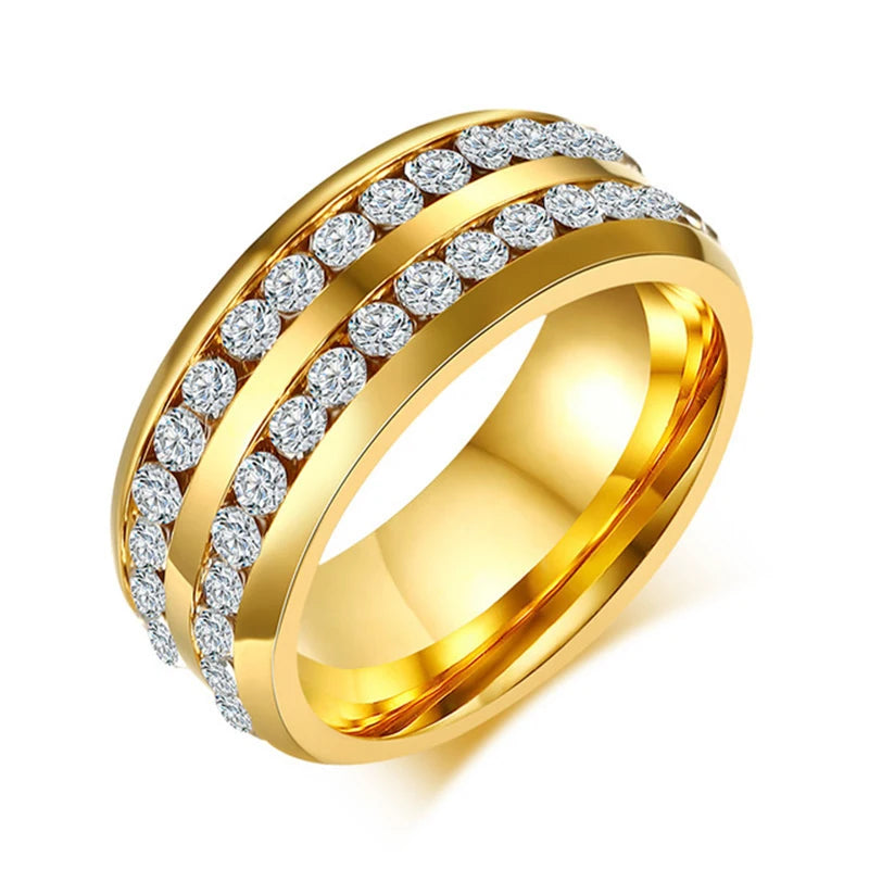 Trendy Gold Color Stainless Steel 2 Row Crystal Luxury Rings