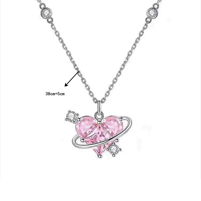 Y2K Pink Planet Heart Zircon Pendant Necklaces