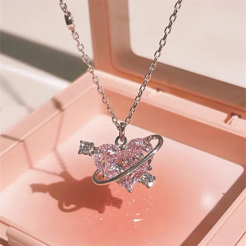 Y2K Pink Planet Heart Zircon Pendant Necklaces