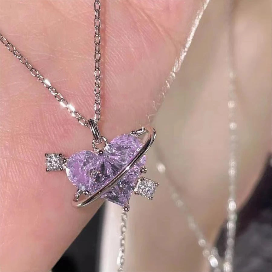 Y2K Pink Planet Heart Zircon Pendant Necklaces