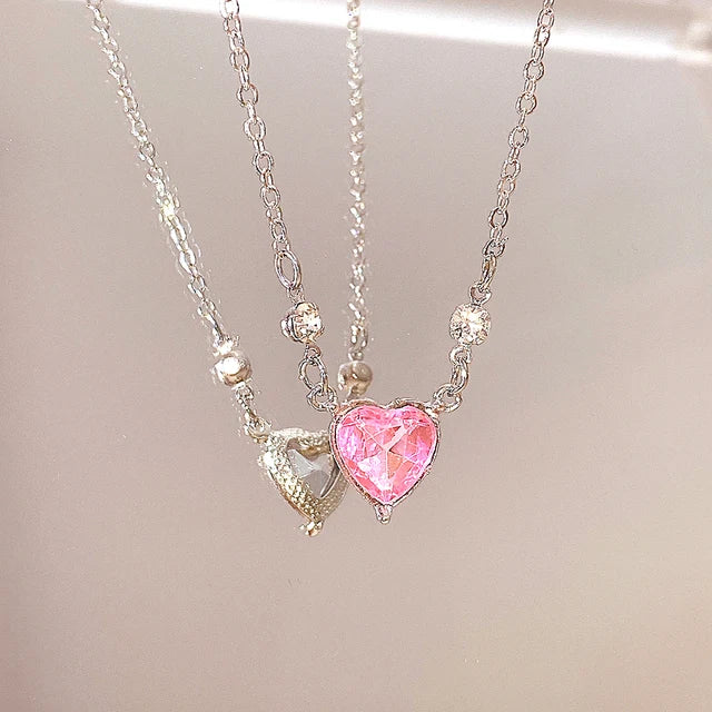 Y2K Pink Planet Heart Zircon Pendant Necklaces